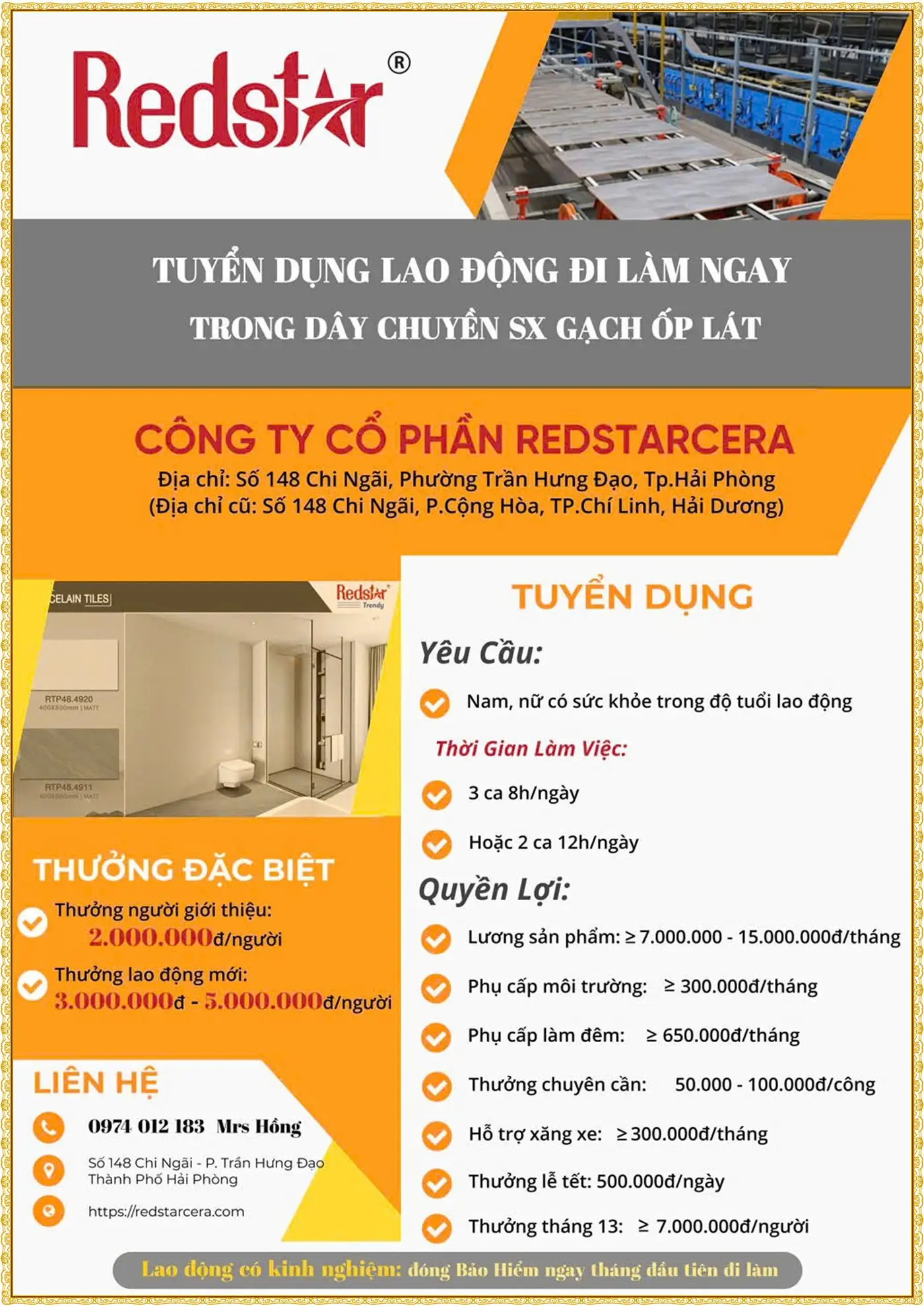 Hải phòng (chí linh, hải dương) tuyển công nhân gạch ốp lát