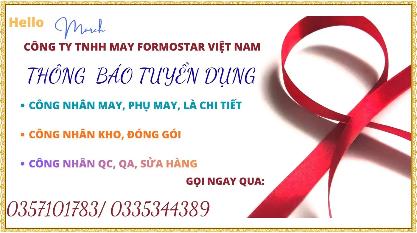 Công ty Formostar Hải phòng tuyển công nhân may, QA, QC, là, kho