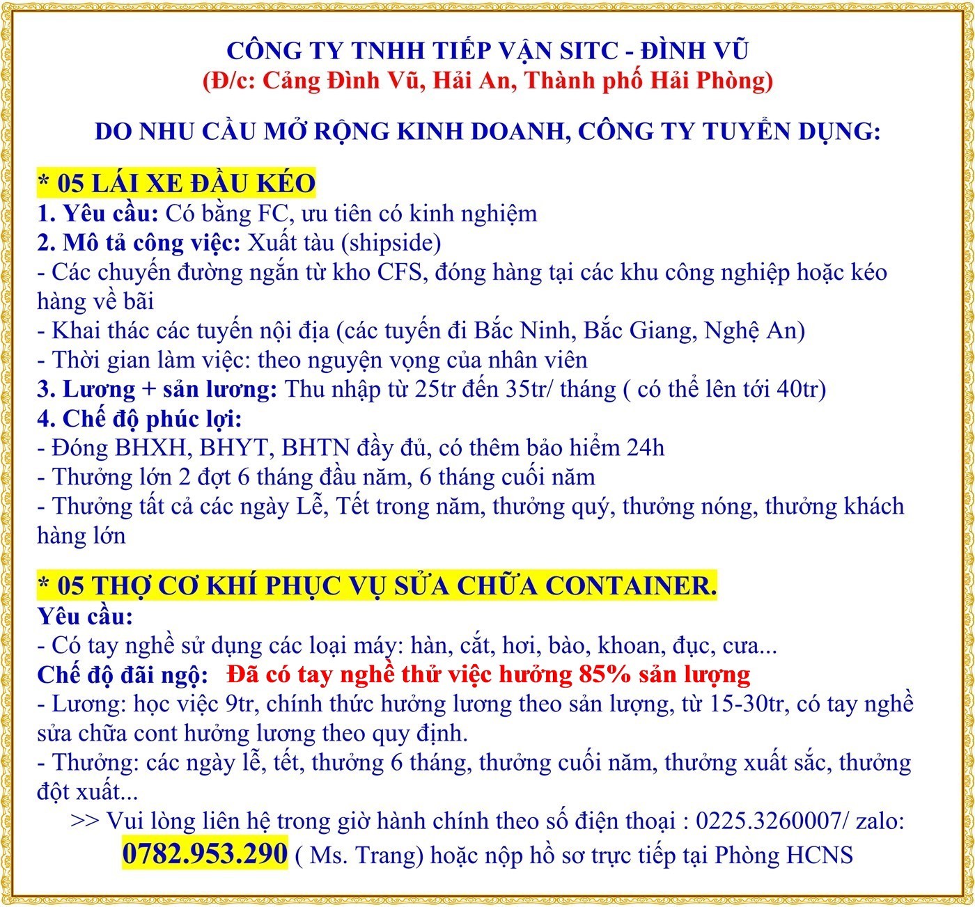 Tuyển * 05 LÁI XE ĐẦU KÉO, 05 THỢ CƠ KHÍ PHỤC VỤ SỬA CHỮA CONTAINER.
